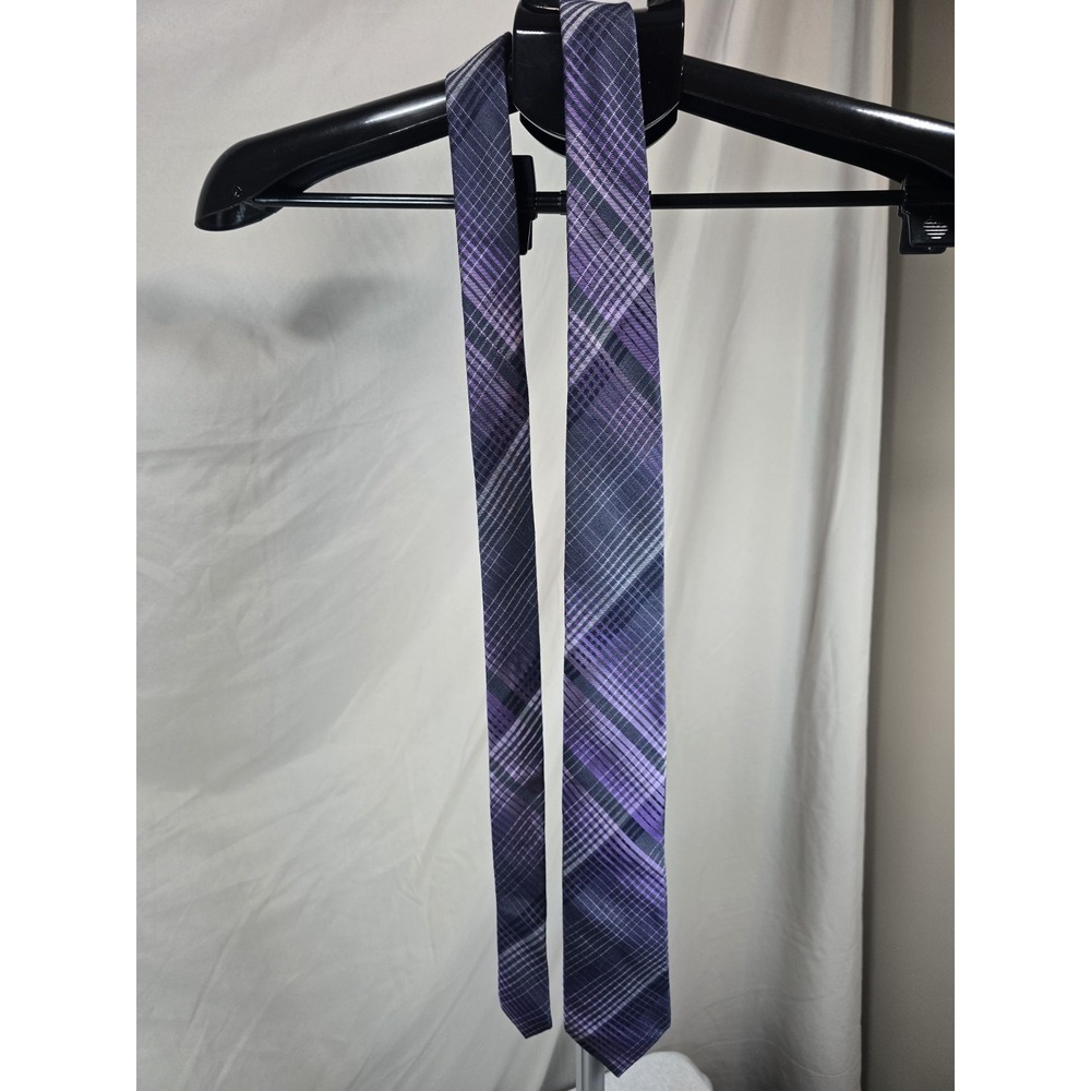 Calvin Klein purple plaid check silk-blend neckties featuring a slim design